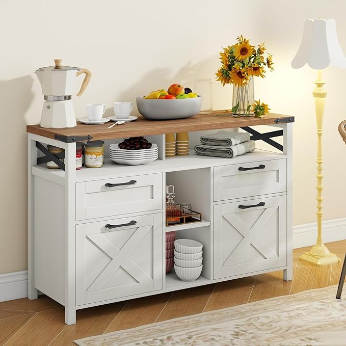 Farmhouse Filing Cabinet with Adjustable Shelf for Home Office, Lateral File Cabinets 4 Drawers with Open Storage Shelf, Filing Organization Storage Cabinets for Hanging Files Letter/Legal/F4/A4.