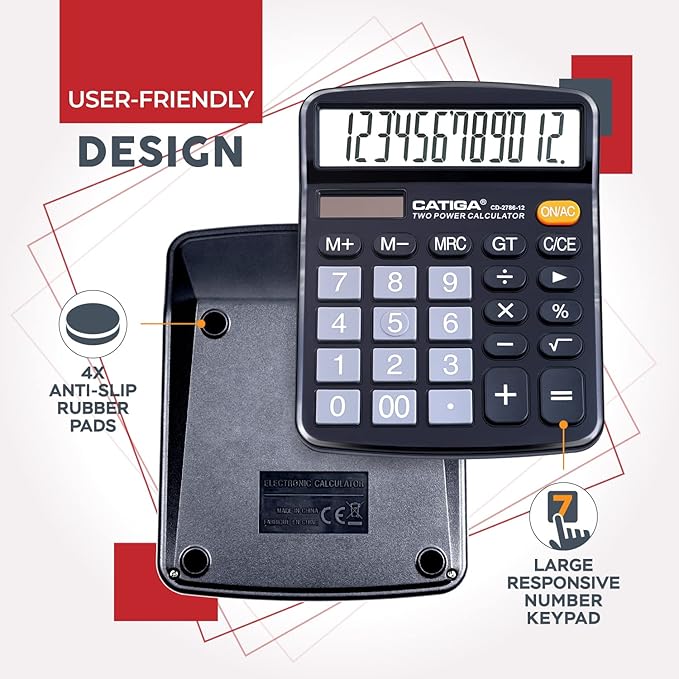 CATIGA Desktop Calculator (2 Pack) 12 Digit with Large LCD Display and Sensitive Button, Solar and Battery Dual Power, Standard Function for Office, Home, School, CD-2786 (2 Black)