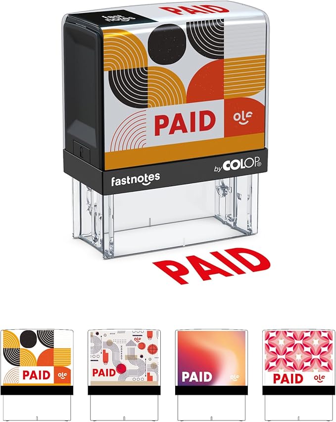 Fastnotes Paid Self-Inking Rubber Stamp by COLOP - Great for Office Documents, Notary, Warehouse, Accounting Paperwork, Business, and Legal Documentation - Red Ink (Paid- Red)