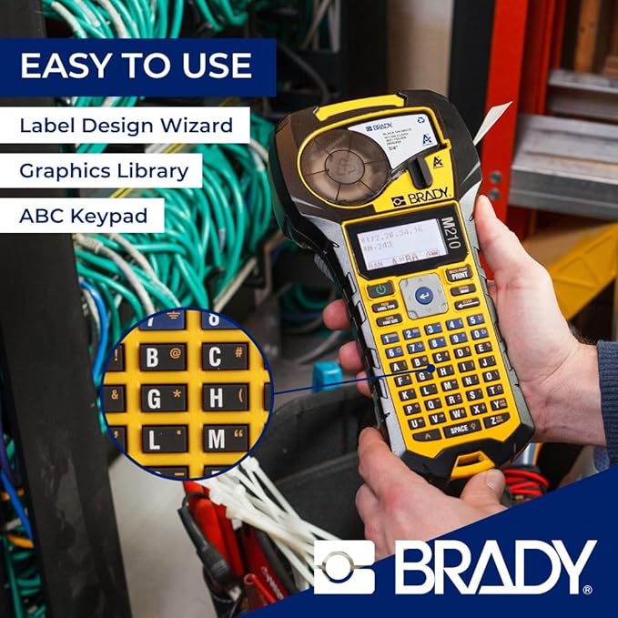 Brady M210 Portable Label Printer with Rubber Bumpers, Multi-Line Print, 6 to 40 Point Font (Replaces BMP21-PLUS Printer), Yellow/Black, 9.5 in H x 4.5 in W x 2.5 in D
