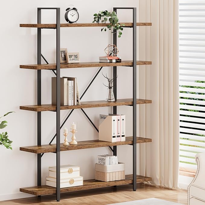 HSH Rustic Bookcases and Book Shelves 5 Shelf, Metal Wood 5 Tier Bookshelf and Storage Book Rack, Vintage Large Book Shelf for Bedroom Living Room Office,Open Vertical Display Etagere Book Case, Brown