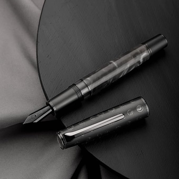 Hongdian N7 Gray Rabbit Resin Piston Fountain Pen, Iridium Long Blade Fine Nib Classic Pen, Smooth Writing Pen with Metal Box