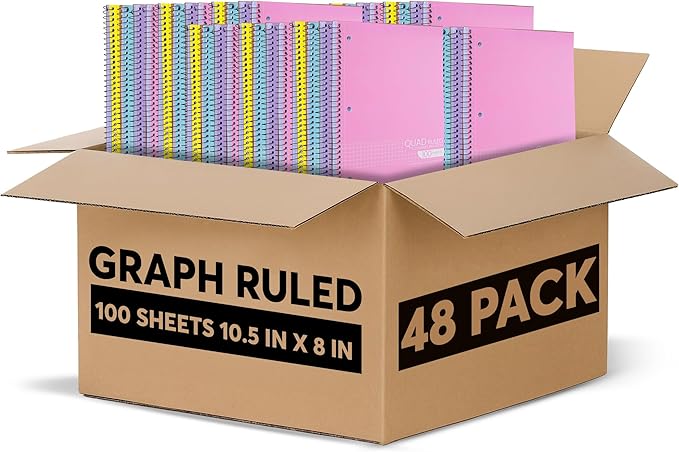 Graph Paper Spiral Notebook - Graph Paper Notebook, Quad Ruled Grid Notebooks, Perforated Pages - 10.5 X 8 Inches - 1 Subject Wirebound Notebook - Assorted Colors - 100 Sheets per Book - (Bulk - 48 Pack)