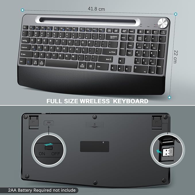 Ergonomic Wireless Keyboard with Wrist Rest-Low-Profile,Phone/Tablet Holder,Quiet Design，Windows & Mac OS，Full Size Cordless USB Computer Keyboard for Desktop,Laptop, PC, Mac, Windows-Black