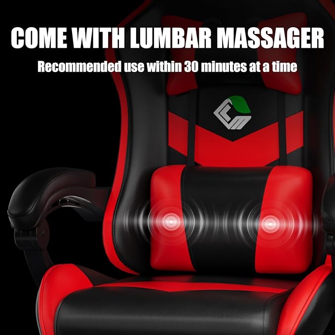 Gaming Chair, Ergonomic Office Computer Chair with Footrest and Lumbar Support Massager Racing Style High Back Video Gamer Chair, Wide＆Thick Cushion, 90°-135° Recline, Adjustable Height, Red