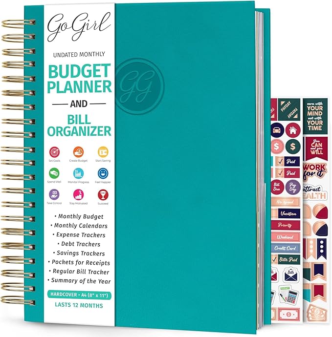 GoGirl Budget Planner & Monthly Bill Organizer – Monthly Financial Book with Pockets. Expense Tracker Notebook Journal, Large (Turquoise)