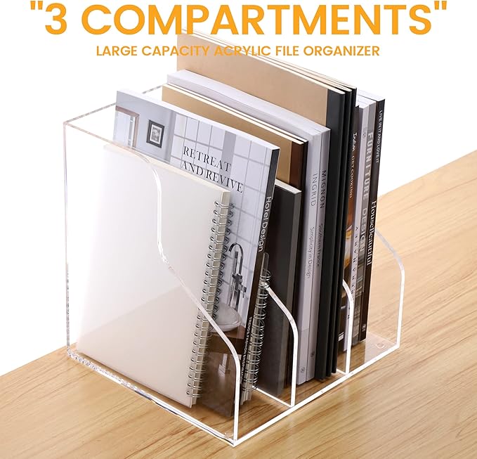 Desk File Organizer, Acrylic Magazine File Holder with 3 Vertical Compartments Rack File Sorter for Office Home Classroom Desk Organization, Clear…