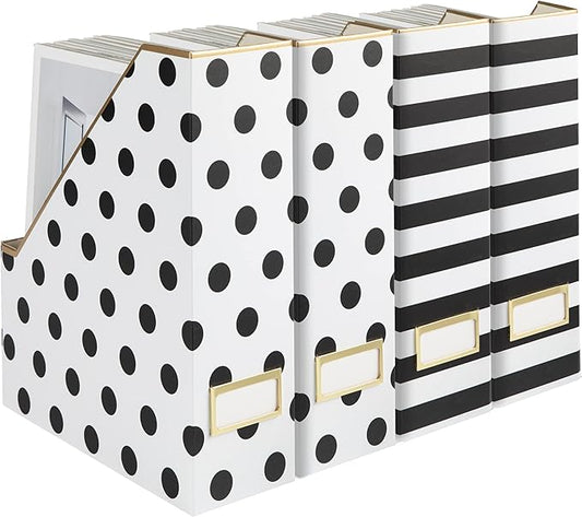 BLU MONACO Set of 4 Stylish Magazine File Boxes - 2 Black and White Stripes and 2 Polka Dots - Office Organization and Storage, Paper Organizer for Desk - Workspace and Classroom Organization