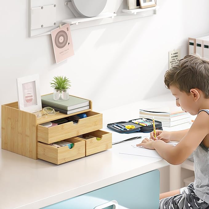 Desk Organizer with Drawers - Bamboo Desktop Organizer Storage | Wood Desk Drawers Organizer for Bills, Office Supplies, Cosmetics, Seals No Assembly Required
