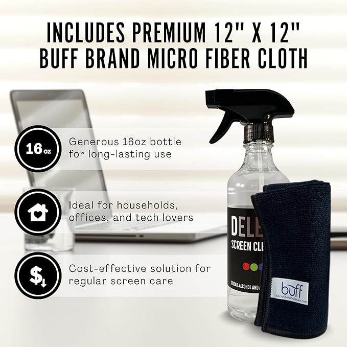 Delete Screen Cleaner Spray Kit, 2 Pack, 16oz and 2oz Bottle and 12"x12" Microfiber Cleaning Cloth, Streak-Free, Safe and Gentle Formula, Multi-Purpose for TVs, Computers, Monitors, Smart Phones