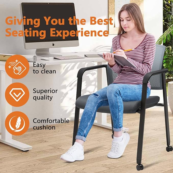 CLATINA Mesh Back Stacking Arm Chairs with Upholstered Fabric Seat and Ergonomic Lumbar Support for Office School Church Guest Reception (WithWheels Gray- 4 Pack)