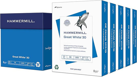 Hammermill Printer Paper, Great White 30% Recycled Paper, 8.5 x 11 - 5 Ream (2,500 Sheets) - 92 Bright, Made in the USA