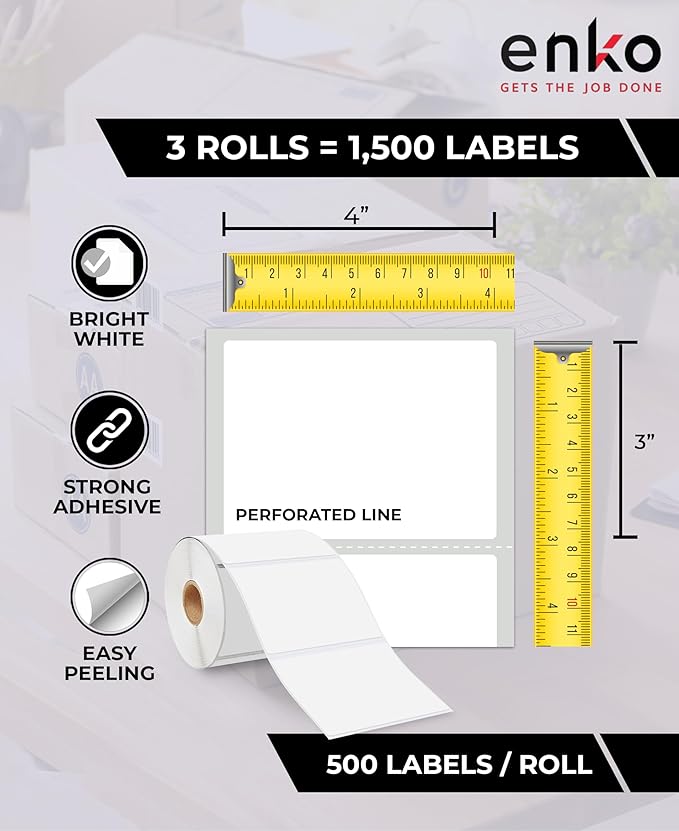 enKo 4" x 3" Labels for Zebra Desktop Printers (3 Rolls, 1,500 Labels) - Direct Thermal Address Mailing Shipping Barcode FBA Stickers FNSKU Label for Zebra and Eltron (Perforated)