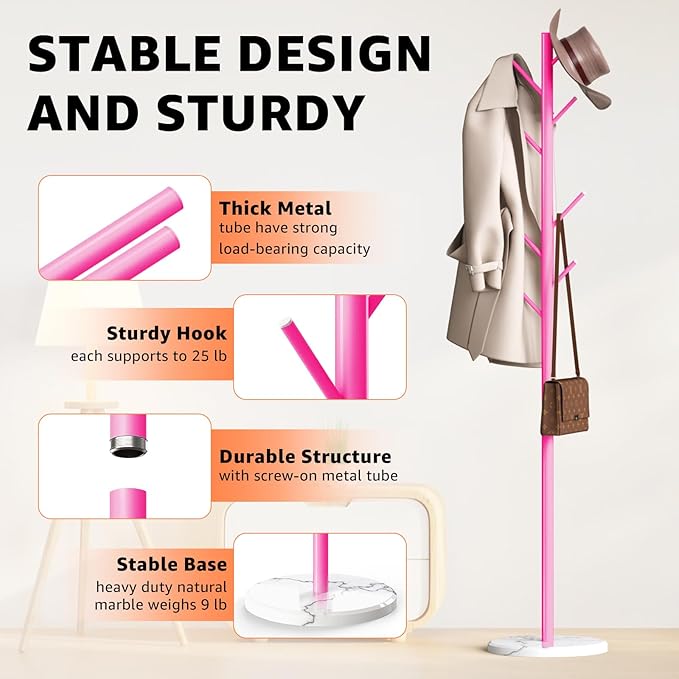 Coat Rack with Natural Marble Base, Metal Freestanding Coat Rack with 8 Hooks, 3 Adjustable Size Sturdy Coat Tree for Bags, Coats, and Hats for Entryway, Hallway, Bedroom, Office, Pink