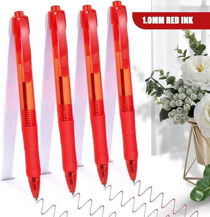 deegtran Pens Bulk, 50 Pack No Bleed Red Ink Click Pens with Soft Grip, Wholesale Retractable Ballpoint Pens for Office School, Medium Point Smooth 1.0MM