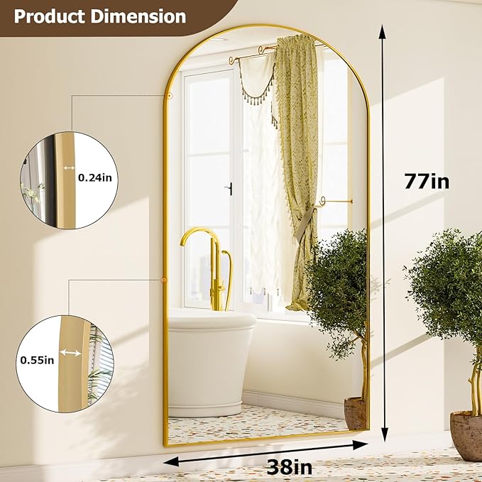 GLSLAND-38x77 inch Arched Full Length Mirror - Floor Mirrors Aluminum Alloy Frame Full Body Dressing Mirror for Bedroom Living Room,Gold