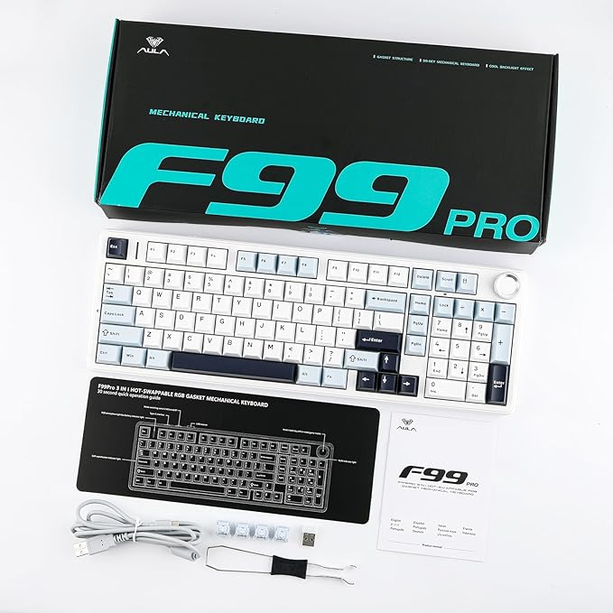 EPOMAKER X Aula F99 PRO Wireless Gaming Keyboard with 8000mAh Battery, Hot Swappable Creamy Keyboard, 2.4GHz/Type-C/BT5.0, NKRO, RGB Backlit for Win/Mac/Gaming (Blue&White)