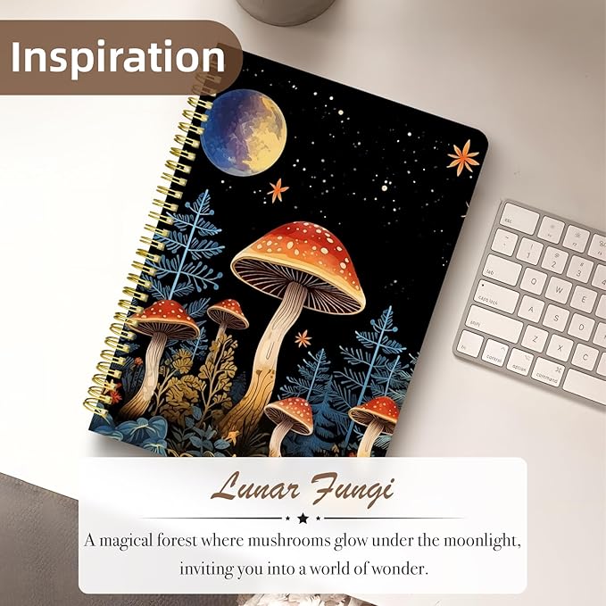 Cute Spiral Notebook journal B5 Aesthetic Pretty Design for Women Girls Kawaii with Pocket, 10 x 7.2 inch, Lined, Moon Mushroom