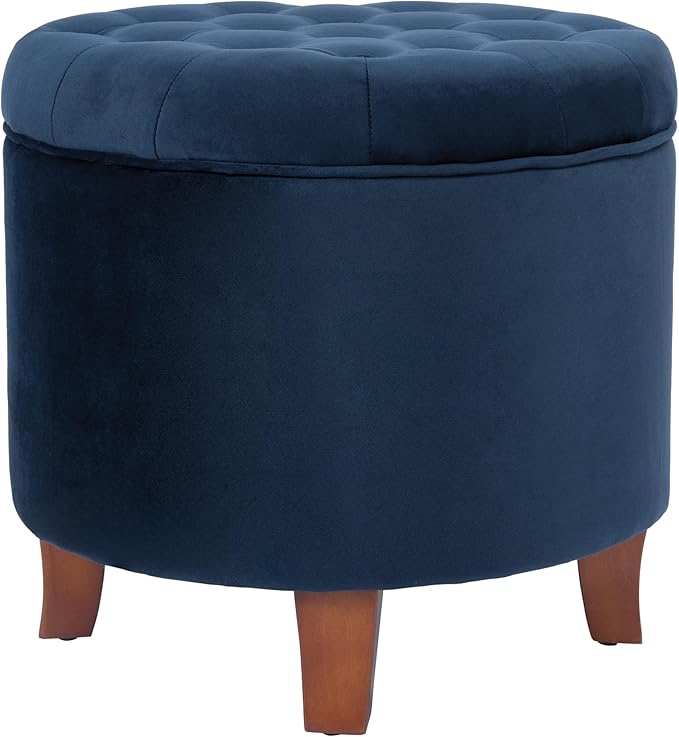 HomePop by Kinfine Fabric Upholstered Round Storage Ottoman - Velvet Button Tufted Ottoman with Removable Lid, Navy Blue