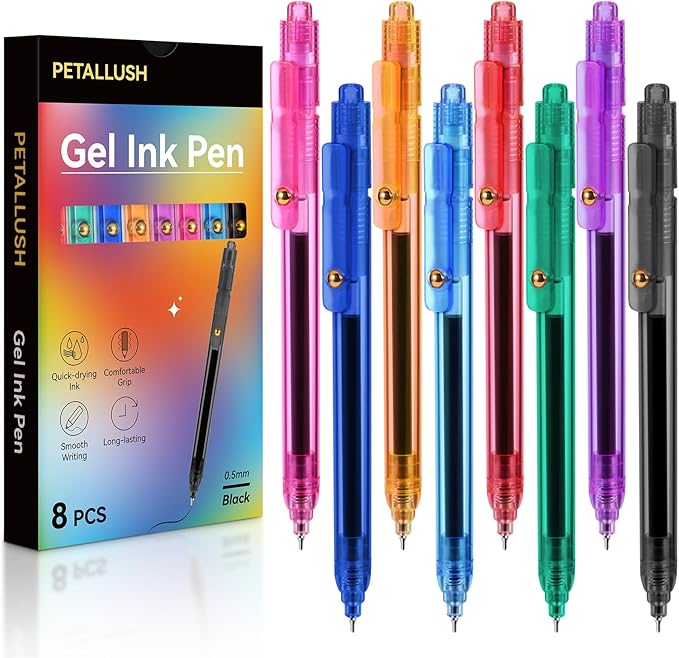 Gel Pens, 8 Pcs 0.5mm Black Ink Fine Point Smooth Writing Pens with 8 Refills, Quick Dry, Retractable Gel Ink Pens, Fun Pens for Teacher, Office, School, Gifts for Women and Men