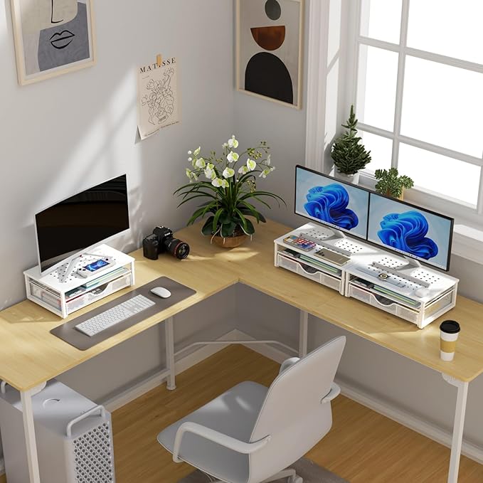 gianotter Computer Monitor Stand Riser, office organizer with Drawer, Office Organizers Storage for Classroom Office Supplies (White)