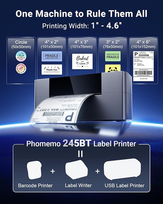 Bluetooth Thermal Shipping Label Printer 4x6, Wireless Shipping Label Printer for Small Business, Desktop Label Printers for Shipping Packages, Compatible with Amazon, Ebay, Shopify, Etsy, USPS