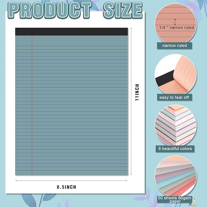 Fuutreo 8 Pcs 8.5'' x 11'' Colored Legal Pad Writing Pads Narrow Ruled 50 Sheets Per Notepad Perforated Writing Notepad Office Supplies for College Office Business (Vintage Color)