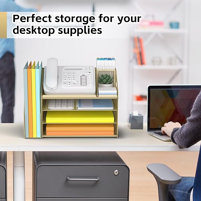 DocNest 4 Tier Paper Letter Tray File Organizer, Mesh Desk File with Handle, Workspace Desk Organizers with Pen Holder, Office Organization Storage Accessories - Gold Yellow