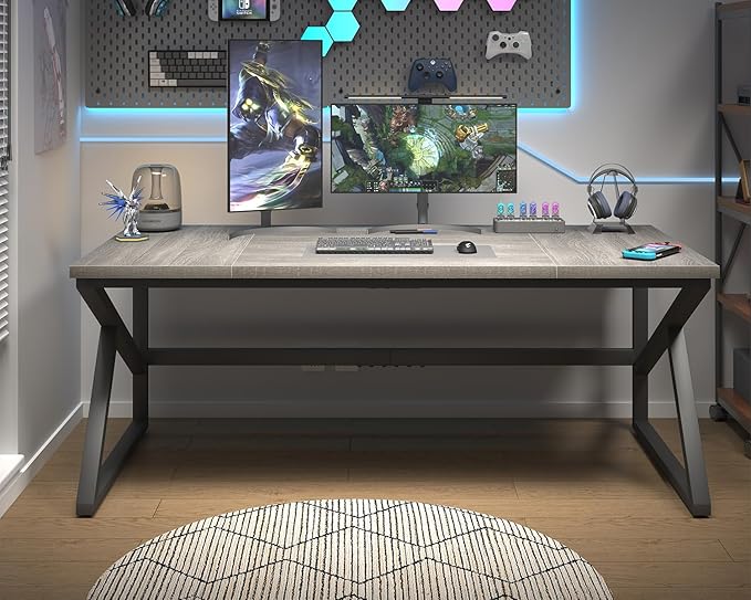 HSH 70 Inch Long Grey Desk, Large Home Office Computer Desk for 2 People, Industrial Wood and Metal Executive Work Writing Study Gaming Desk Table, Modern Bedroom Simple PC Laptop Desk Double Desk
