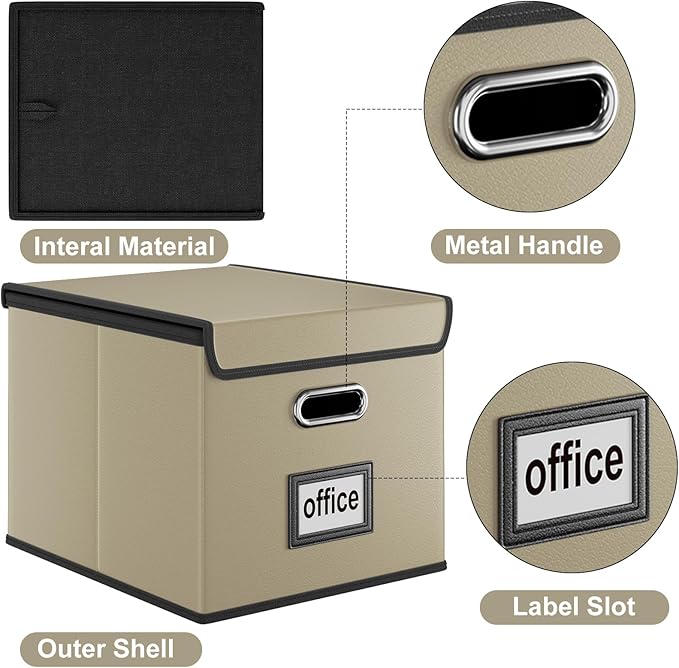 Huolewa Portable Leather File Organizer Boxes with Lids, Office Document Boxes Organizer, Filing Boxes, Decorative Small File Boxes for Hanging Files with Plastic Slide for Office/Decor/Home