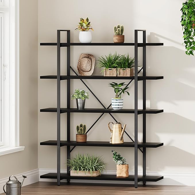 HSH 5 Tier Tall Black Bookshelf, Wood and Metal Storage Book Rack, Industrial Modern Etagere 5 Shelf Bookcase, Large Wide Open Display Book Shelf for Bedroom Living Room Office, Bookshelves Heavy Duty