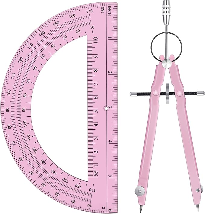 EBOOT Student Geometry Math Set, Drawing Compass and 6 Inch Clear Swing Arm Protractors 180 Degree Math Protractor(Pink and Pink)