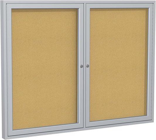 Ghent 36"x60" 2-Door indoor Enclosed Bulletin Board , Shatter Resistant, with Lock, Satin Aluminum Frame - Natural Cork (PA23660K) Made in the USA
