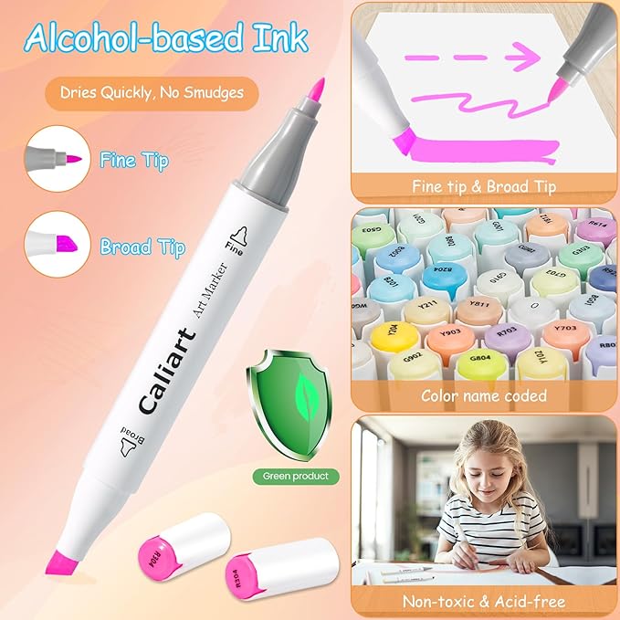Caliart Pastel Markers, 61 Colors Dual Tip Alcohol Markers, Easter Basket Stuffers for Kids, Teens, Toddlers - Sketch Pens Permanent Art Set for Adults, Book & Egg Decorations