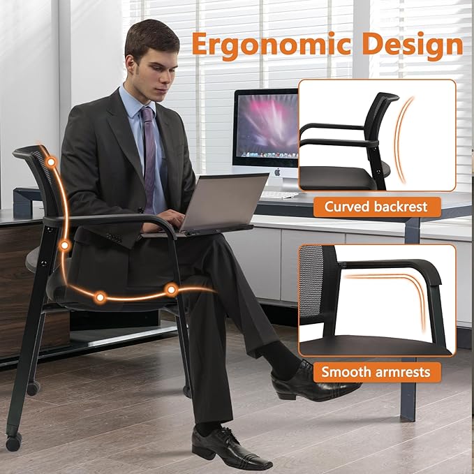 CLATINA Stacking Office Chair with Wheels, Mesh Back Waiting Room Guest Chairs with Arms Comfortable Leather Cushion Stackable Desk Chair for Conference Reception School Side Stationary, Black, 2PK