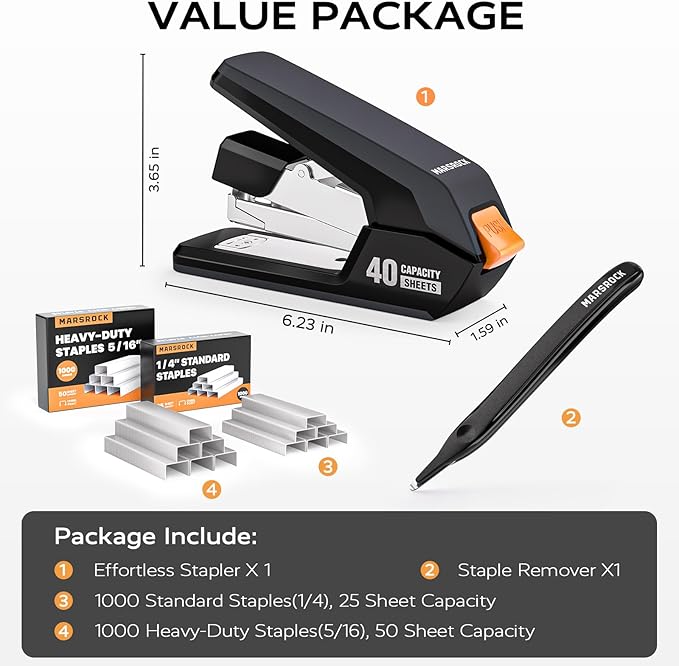 Effortless Stapler for Desk with 40-50 Sheet Capacity, 2000 Staples, 1-Touch Stapling, Ergonomic & Easy to Load Desktop Staplers, Heavy Duty Stapler, and Magnetic Staple Remover, Black
