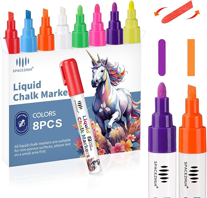 Chalk Markers for Blackboard 8 Vibrant Colors, 6mm Reversible Bullet & Chisel Tips, Chalk Pens Wet & Dry Erasable Markers for Whiteboard, Chalkboard, Calendar, Windows, Glass, Signs