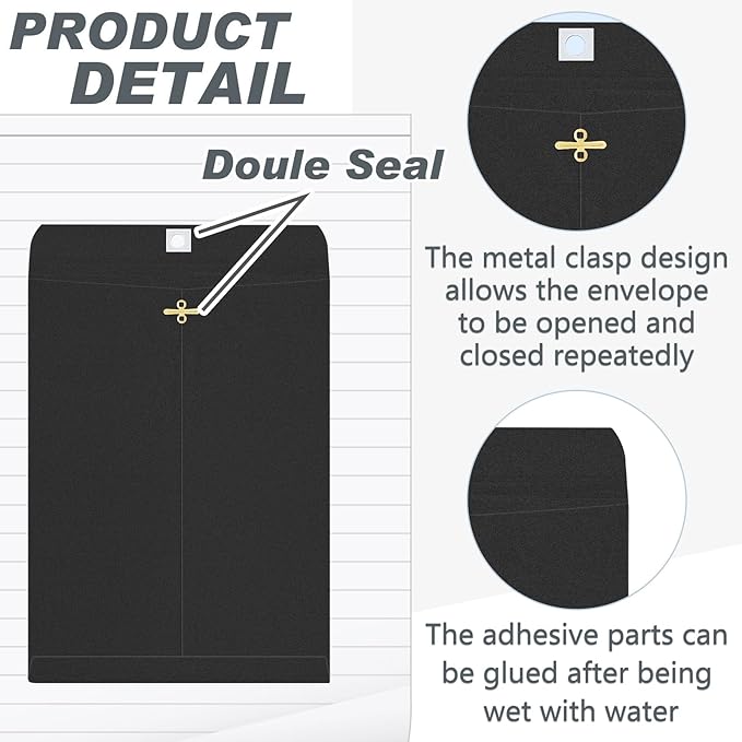 Geyee 100 Pcs Clasp Manilla Envelopes 10 x 13 Inch Gummed Colored Envelopes for Storing or Mailing for Home Office Business Supplies(Black)