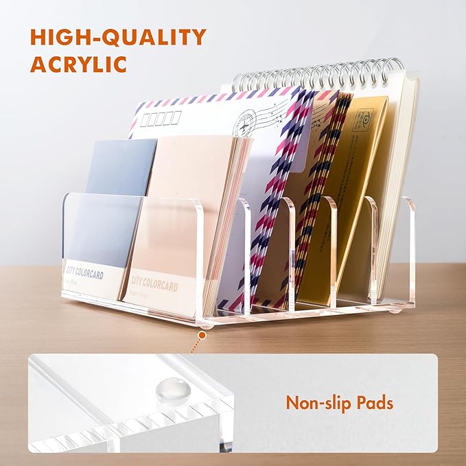 BEYGORM Acrylic Mail Holder, Clear Multifunction Desk Organizer with Divider, Vertical Letter Sorter for Desktop, 5 Compartments Modern Office Home Envelope Organizer for Bill, Document, Notebook