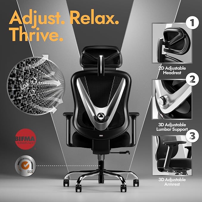 Ergonomic Mesh Office Chair - 3D Adjustable Lumbar Support & 3D Armrests, V-Shaped Back, Adjustable Desk Chair for Office & Home, Black