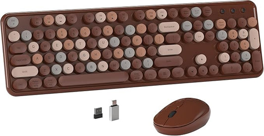 Colorful Wireless Computer Keyboard and Mouse Combo with Round Typewriter Keycaps, Retro Design, Power Switch, Ergonomic Design, 2.4GHz Wireless for Windows, Mac, PC(Coffee-Colorful)