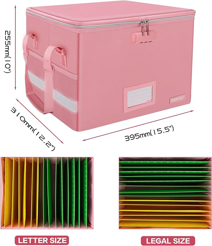 ENGPOW File Box with Lock, Fireproof Document Box with Pockets, Collapsible File Organizer Filing Storage Cabinet with Handle, Portable Home Office Safe for Hanging Letter/Legal Folders, Pink, 2 Pack