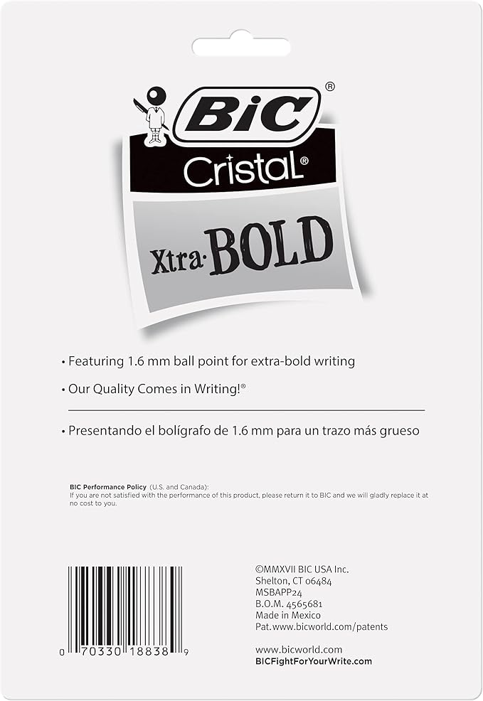 BIC Cristal Xtra Bold Ballpoint Pens, Bold Point (1.6mm) For Vivid And Dramatic Lines, Assorted Colors, 24-Count Pack, Perfect Ink Pens