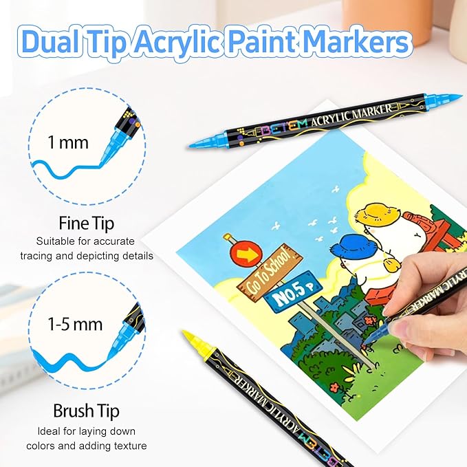 Betem Acrylic Paint Markers, Dual Tip 24 Colors Acrylic Paint Pens with Brush Tip and Fine Point, Art Supplies for Rock, Wood, Canvas, Stone, Glass, Ceramic, Rock Painting DIY Crafts Making Drawing