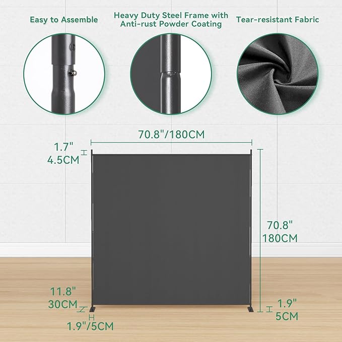 Helios&Hestia 1-Panel 6 ft Tall Indoor Folding Room Divider, Portable Privacy Screen, Freestanding Partition Separator, Temporary Wall Separation for Bedroom, Office, 71" W X 71" H, Dark Grey