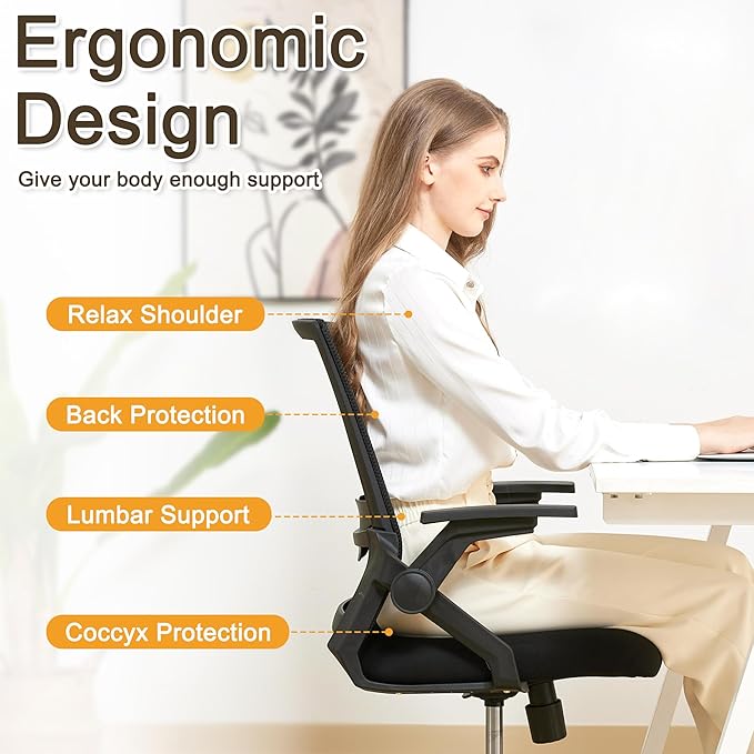 Ergonomic Office Chair Desk Chair with Adjustable Height Mesh Computer Chair Swivel Chair with Flip-up Arms and Lumbar Support Black