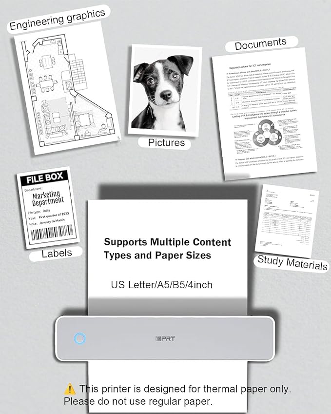 iDPRT Inkless Portable Printer for Travel, 300DPI Wireless Thermal Printer Support 8.5 x 11 Inch US Letter, A4, Small Bluetooth Printers Compatible with iOS, Android Laptop for Office Car Home, Grey