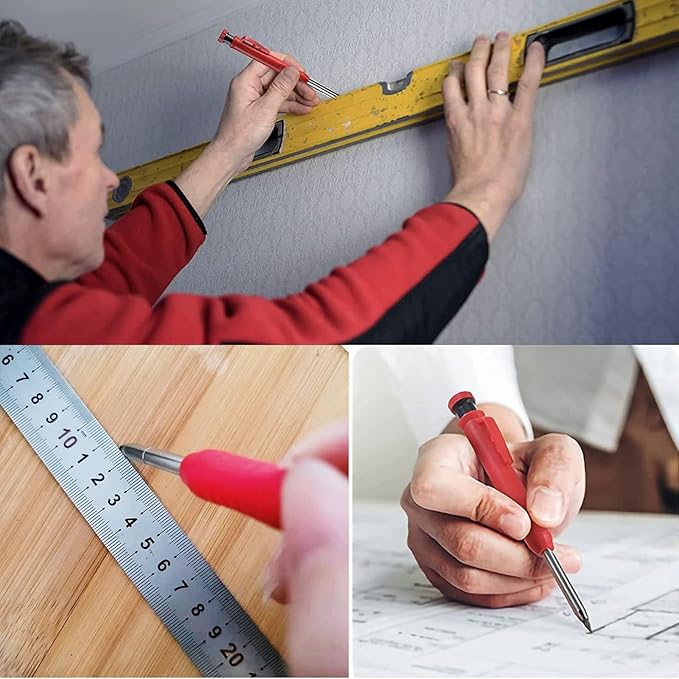 Gegong 3 Pieces Solid Carpenter Pencil with 21 Refill Built-in Sharpener, Long Nosed Deep Hole Mechanical Pencil Marker Marking Tool (Solid Carpenter Pencil Set)