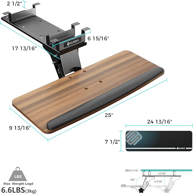 EUREKA ERGONOMIC Keyboard Tray Height Adjustable, Swivel Tilt Computer Keyboard Drawer Under Desk, 25x9.13'' Sliding Keyboard & Mouse Platform with Mouse Pad for Typing, Walnut