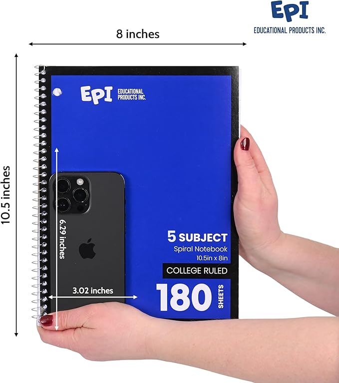EPI Spiral Notebook | 5 Subject - College Ruled - 180 Sheets, Durable Spiral Binding | 10.5 x 8 in | Classroom Supplies | School, Office, Note Taking, Journaling - 12 Pack
